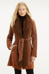 OASIS suede sheepskin coat natural – 70s style coats – retro – on-trend fashion – tan
