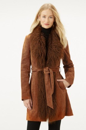 OASIS suede sheepskin coat natural – 70s style coats – retro – on-trend fashion – tan - flipped