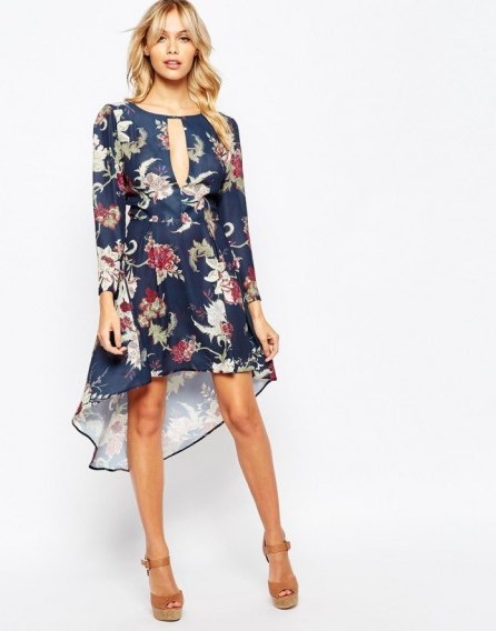 Love High Low Dress With Deep Plunge Front in navy floral. Plunging necklines | party dresses | evening fashion | deep front cut out - flipped