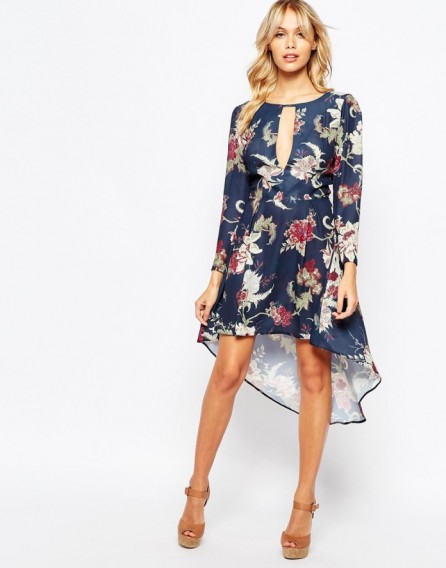 Love High Low Dress With Deep Plunge Front in navy floral. Plunging necklines | party dresses | evening fashion | deep front cut out