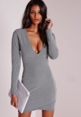 Missguided silver lurex wrap over bodycon dress. Christmas parties / party dresses / plunging style / low necklines / Xmas style / going out fashion / evening glamour