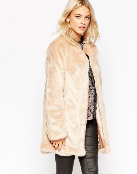 Oasis Collarless Faux Fur Jacket nude. Luxury looks ~ luxe style ~ warm winter jackets ~ glamorous coats - flipped
