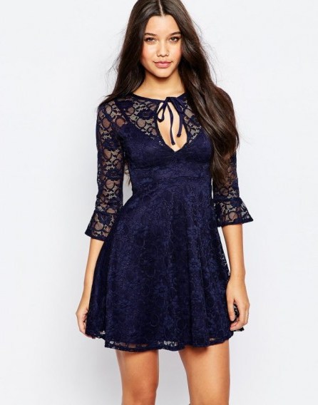 Oh My Love Lace Dress with Tie Front and Frill Sleeve navy. Party dresses ~ going out fashion ~ evening wear ~ fit and flare p - flipped