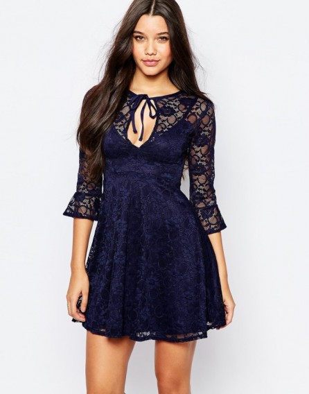 Oh My Love Lace Dress with Tie Front and Frill Sleeve navy. Party dresses ~ going out fashion ~ evening wear ~ fit and flare p