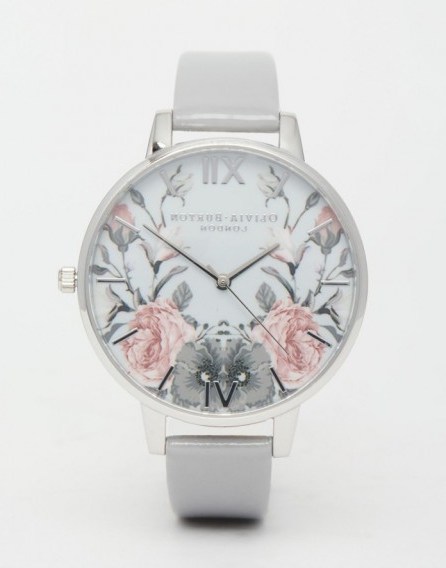 Olivia Burton Enchanted Garden Grey Patent Big Dial Watch. Ladies watches ~ luxe looks ~ luxury style ~ womens accessories ~ floral face - flipped