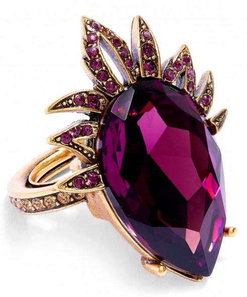 OSCAR DE LA RENTA ULTRAVIOLET SWAROVSKI CRYSTAL TEARDROP RING – statement rings – purple stones – crystals – costume jewelry – designer fashion jewellery - flipped