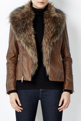Wallis petite tan glam fur biker jacket. Winter jackets / faux fur collar / warm outerwear - flipped