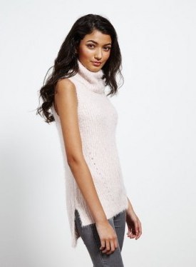 Miss Selfridge pink knitted fluffy tunic ~ weekend style ~ sleeveless tops ~ casual fashion ~ roll neck jumpers - flipped