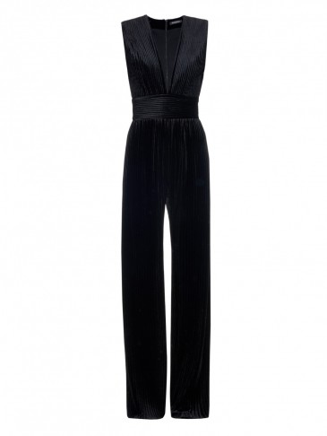 BALMAIN Pleated velvet jumpsuit black – as worn by Khloe Kardashian attending her book signing at Barnes & Noble, The Grove, Los Angeles, 9 November 2015. Celebrity style | designer jumpsuits | occasion fashion | what celebrities wear to events