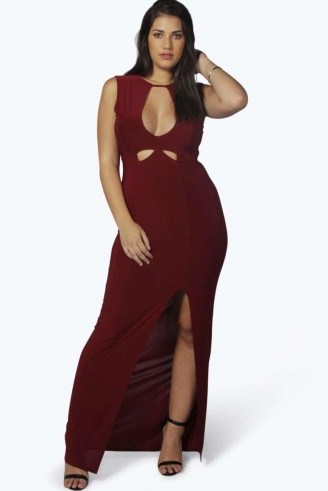 BOOHOO PLUS PLUS SOPHIA PLUNGE NECK SLINKY MAXI DRESS in wine. Plunging necklines | plus size party dresses | long evening dress | going out fashion | glamour | glamorous deep V-neckline - flipped