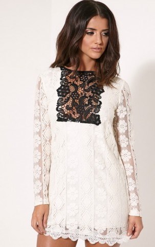 PrettyLittleThing Polli cream lace bib swing dress – party dresses – feminine style – evening fashion – going out – Lucy Mecklenburgh collection – scalloped hem - flipped