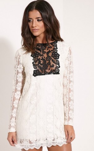PrettyLittleThing Polli cream lace bib swing dress – party dresses – feminine style – evening fashion – going out – Lucy Mecklenburgh collection – scalloped hem
