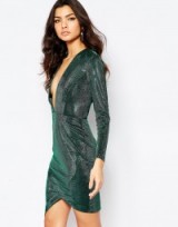River Island Metallic Plunge Neck Bodycon Dress in green. Plunging party dresses | deep V-necklines | low cut neckline | asymmetric | glamorous evening fashion | shimmering