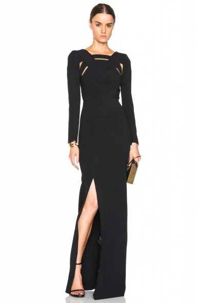 ROLAND MOURET BERMUDA STRETCH DOUBLE CREPE GOWN in black – in the style of Natalie Dormer (all black no print) attending the Hunger Games Mockingbird Part 2 premiere in Berlin, Germany, 4 November 2015. Celebrity fashion | star style | what celebrities wear | designer evening gowns - flipped