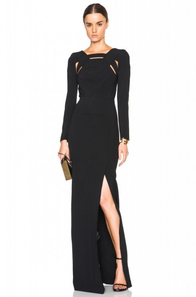 ROLAND MOURET BERMUDA STRETCH DOUBLE CREPE GOWN in black – in the style of Natalie Dormer (all black no print) attending the Hunger Games Mockingbird Part 2 premiere in Berlin, Germany, 4 November 2015. Celebrity fashion | star style | what celebrities wear | designer evening gowns