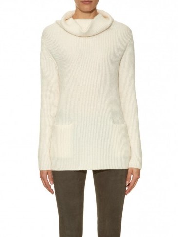 VINCE Roll-neck ribbed-knit cashmere sweater cream – in the style of Olivia Palermo out in New York, 18 November 2015. Celebrity fashion | star style | designer knitwear | front pocket sweaters - flipped