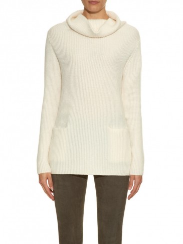 VINCE Roll-neck ribbed-knit cashmere sweater cream – in the style of Olivia Palermo out in New York, 18 November 2015. Celebrity fashion | star style | designer knitwear | front pocket sweaters