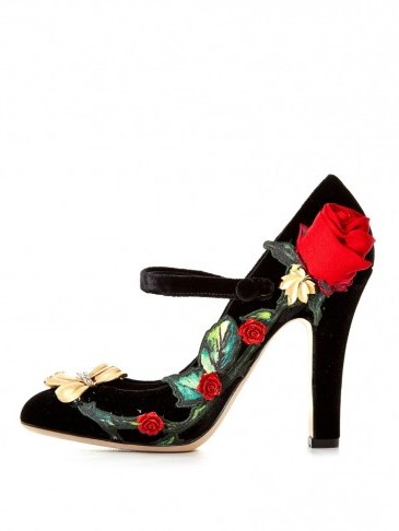 DOLCE & GABBANA Rose embellished velvet pumps ~ designer Mary Janes ~ Mary Jane high heels ~ make a statement ~ floral shoes - flipped