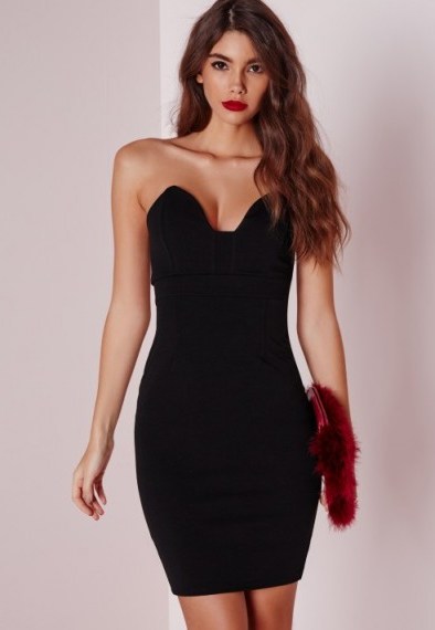 Missguided scuba bandeau bodycon dress black. Plunge party dresses | plunging necklines | fitted style | low cut | deep V - flipped