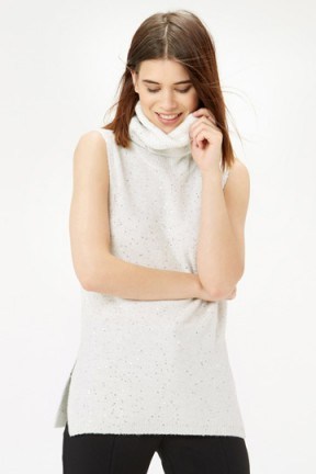 OASIS sequin cowl neck jumper natural. Winter fashion / sleeveless jumpers / sequins / glamorous knitwear / knitted tops / high neck / roll neck style - flipped
