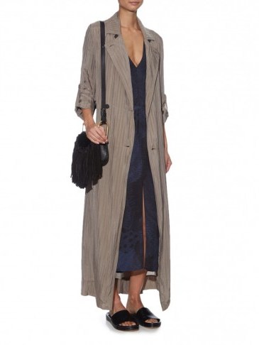 RAQUEL ALLEGRA Shadow-stripe long trench coat in taupe / brown – as worn by Chrissy Teigen looking chic out in New York City, 15 November 2015. Celebrity fashion | star style coats | designer longline rain coats | what celebrities wear - flipped