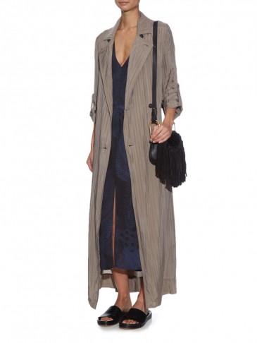 RAQUEL ALLEGRA Shadow-stripe long trench coat in taupe / brown – as worn by Chrissy Teigen looking chic out in New York City, 15 November 2015. Celebrity fashion | star style coats | designer longline rain coats | what celebrities wear