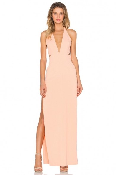 SOLACE LONDON – Hall Maxi Dress in peach. Plunge party dresses | low cut evening fashion | long occasion wear | deep V-necklines | plunging neckline - flipped