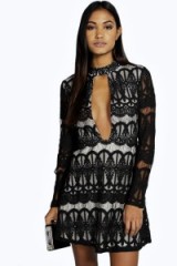 BOOHOO NIGHT TIARA LACE PLUNGE A-LINE SHIFT DRESS in black. Plunging necklines | evening playsuits | deep V-neckline | going out glamour | party fashion