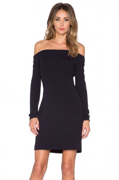 Tibi off shoulder dress in black – as worn by Olivia Palermo to a Spectre pre-release screening in New York, 5 November 2015. Celebrity fashion | star style | what celebrities wear to events | star style | off the shoulder dresses - flipped