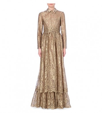This is an amazing gown, I would feel truly special wearing it – VALENTINO Studded-collar metallic-lace gown – gold metallics – designer gowns – occasion dresses