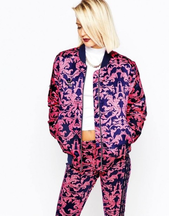 adidas Silky Bomber Jacket In Baroque Ornament Print pink/blue. Jackets | fashion - flipped