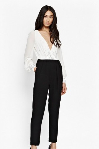 FRENCH CONNECTION – Arctic Spell Gem Jumpsuit in black & white. Plunging necklines | low cut neckline | plunge jumpsuits | party fashion | evening glamour - flipped