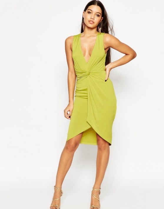 ASOS Deep Plunge Twist Midi Dress in lime. Plunging party dresses | low cut necklines | deep V neckline | evening fashion - flipped