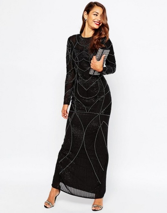 ASOS RED CARPET Delicate 20s Beaded Long Sleeve Maxi Dress black – Party dresses – long evening gowns – occasion wear – embellished going out fashion - flipped