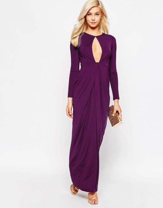 ASOS Slinky Deep Plunge Maxi Dress in wine. Plunging evening dresses | party fashion | low cut gowns | front keyhole cut out - flipped