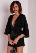 Missguided – belted kimono style playsuit in black. Plunge front playsuits | low cut neckline | plunging necklines | deep V | going out glamour