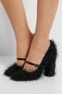 BOUTIQUE MOSCHINO Tinsel-covered leather Mary Jane pumps. Shimmering Mary Janes ~ designer high heels ~ block heeled shoes