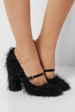 BOUTIQUE MOSCHINO Tinsel-covered leather Mary Jane pumps. Shimmering Mary Janes ~ designer high heels ~ block heeled shoes - flipped