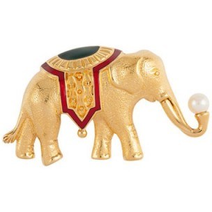 Susan Caplan Vintage 1970s Monet Gold Plated Faux Pearl and Enamel Elephant Brooch, Gold – 70s brooches – costume jewellery – elephants – animal jewelry - flipped