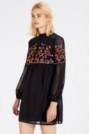 WAREHOUSE – black embroidered gypsy smock dress ~ floral embroidery ~ long sleeved mini dresses ~ sheer overlay