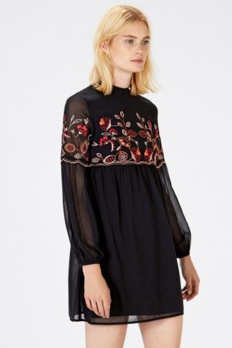 WAREHOUSE – black embroidered gypsy smock dress ~ floral embroidery ~ long sleeved mini dresses ~ sheer overlay - flipped
