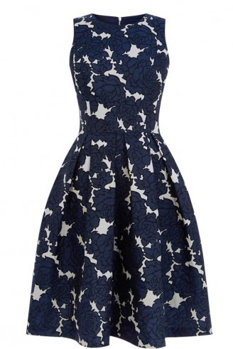 WAREHOUSE – blue floral jacquard midi dress ~ flower prints ~ printed party dresses ~ parties ~ occasion fashion - flipped