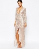 Club L Sequin Maxi Dress with Plunge Back and Long sleeves in gold. Plunging occasion dresses | low cut evening dresses | deep V necklines | party fashion | long embellished gowns