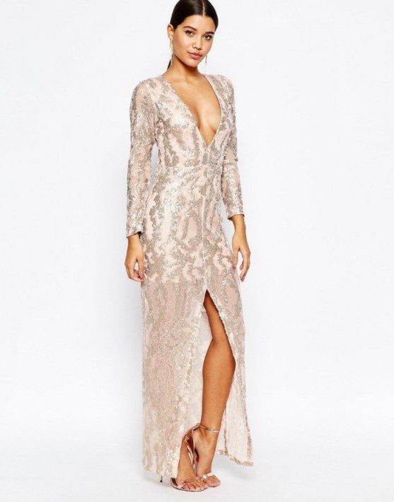 Club L Sequin Maxi Dress with Plunge Back and Long sleeves in gold. Plunging occasion dresses | low cut evening dresses | deep V necklines | party fashion | long embellished gowns - flipped