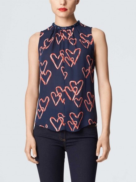 DRAPER JAMES Courtland roll neck top in Hannah hearts navy. Sleeveless tops | heart prints | embellished neck - flipped