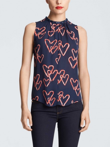 DRAPER JAMES Courtland roll neck top in Hannah hearts navy. Sleeveless tops | heart prints | embellished neck