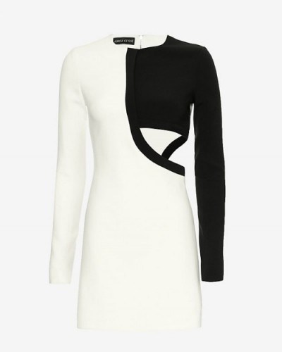 DAVID KOMA DAVID KOMA CUT OUT ASYMMETRIC DRESS in black and white – as worn by Kylie Jenner at a Nip + Fab event at the W Hotel, West Hollywood, 15 December 2015. Celebrity fashion | monochrome dresses | what celebrities wear | star style - flipped