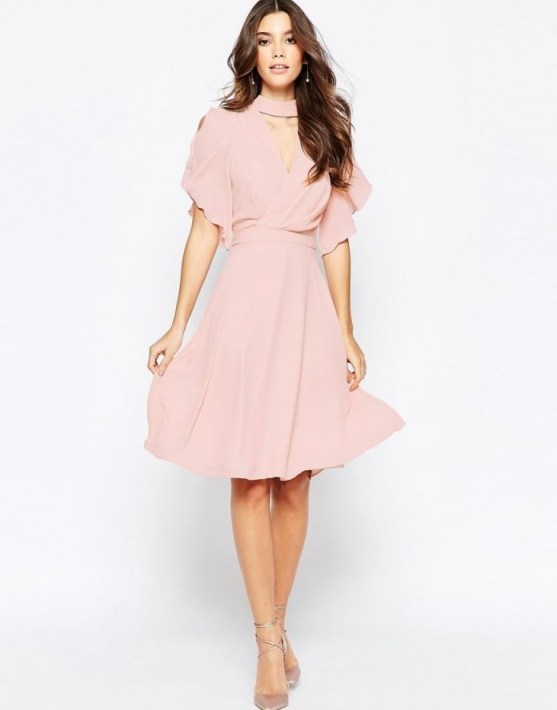 Elise Ryan Cross Front Midi Dress with Fluted Sleeve nude pink ~ pale pink party dresses ~ floaty style fabric ~ occasion wear ~ going out fashion - flipped