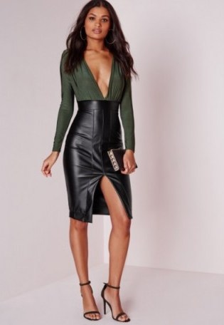 Missguided – faux leather slinky midi dress in khaki. Deep V neckline | plunge front party dresses | low cut | plunging necklines - flipped