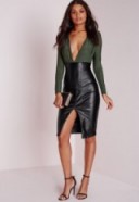 Missguided faux leather slinky midi dress khaki. Plunge necklines | party dresses | plunging necklines | deep V | low cut | going out glamour | evening fashion